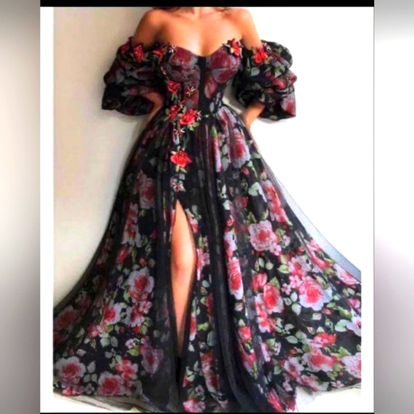 Romantic Floral Full Ballgown with high slit in skirt and bustier top - Picture 1 of 1